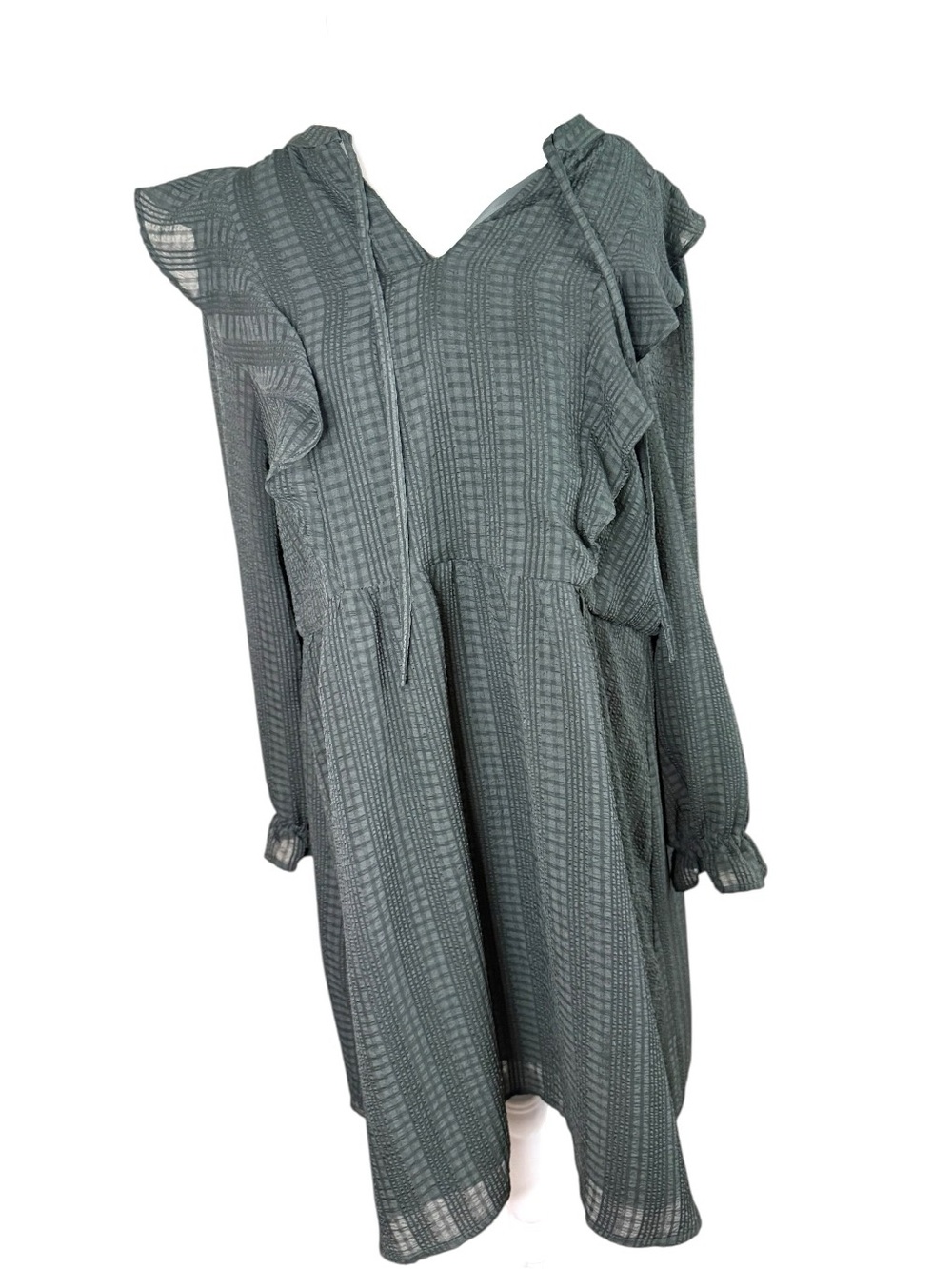 LOFT Slate Green Ruffle V-Neck Long Sleeve Dress